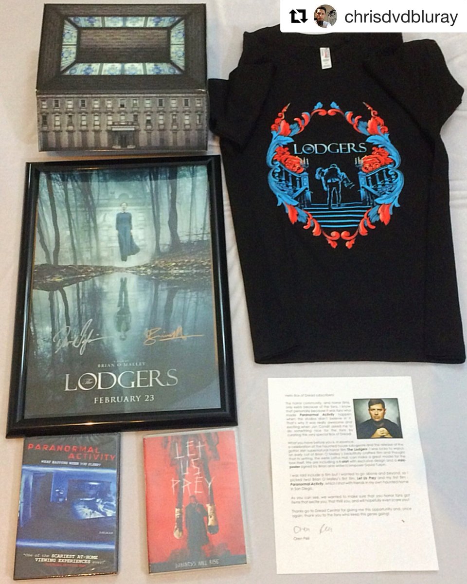 epic_pictures's tweet photo. This month’s #BoxofDread curated by Oren Peli - exclusive #TheLodgersMovie T-shirt, poster signed by Director Brian O’Malley & writer/composer David Turpin and the original ‘Paranormal Activity’ and ‘Let Us Prey’ DVDs. Only 3 more days to get it - https://t.co/NEW8MX6Nor https://t.co/73gWBHKmeg