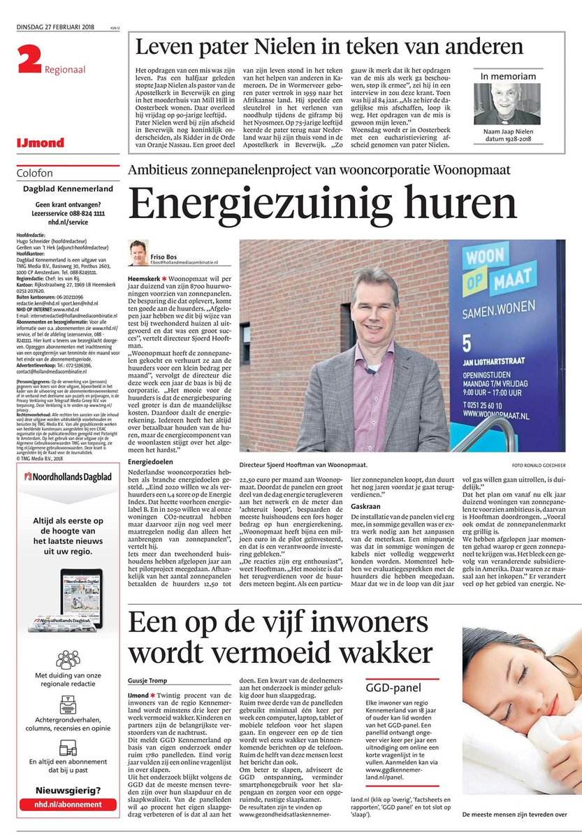 Vandaag in Noord Hollands Dagblad: Woonopmaat wil  nu succesvolle pilot 1.000 woningen per jaar voorzien van zonnepanelen. Eind 2020 zitten we op Energie Index 1,4. Mooi, maar nog veel te doen voordat ons bezit Co2 neutraal is in 2050....
