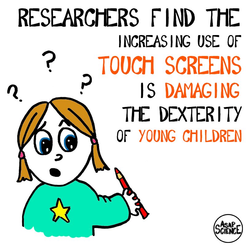 AsapSCIENCE's tweet photo. A new study finds that children struggle to hold pencils due to the increasing use of iPads and other touch screens, saying that many kids coming into the school system no longer have the hand strength and agility to learn to write correctly. [https://t.co/KHjGoVpTcx] https://t.co/ZYuUN44Akq