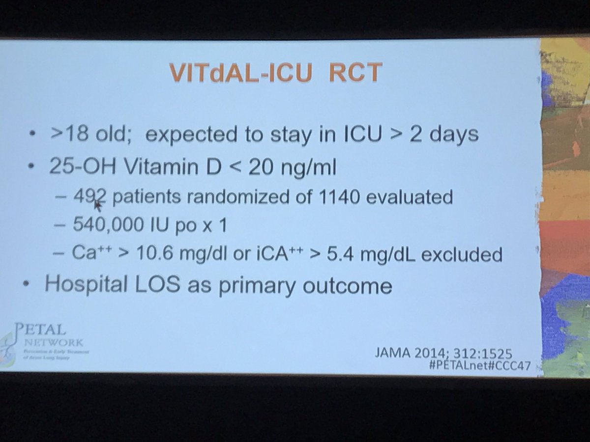 DrDaleNeedham's tweet photo. More from @bhyzy at #CCC47 session on #PETALnet regarding Vitamin D protocol (VIOLET RCT):  prior RCT that stimulated the new study (significant differences in subgroup analyses from below) https://t.co/sgbbZQpeKQ