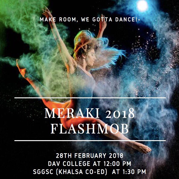 McmMeraki's tweet photo. Make room, we gotta dance! Be prepared DAV and SGGSC-26 because weโre coming to your campuses tomorrow. Youโll watch us grooving at 12PM in DAV COLLEGE SECTOR 10 and at 1:30PM in SGGSC SECTOR 26 CHANDIGARH.
#Merakiulous
#Meraki2018
#DAVC
#SGGSC
#FLASHMOB https://t.co/1jaResqfiG