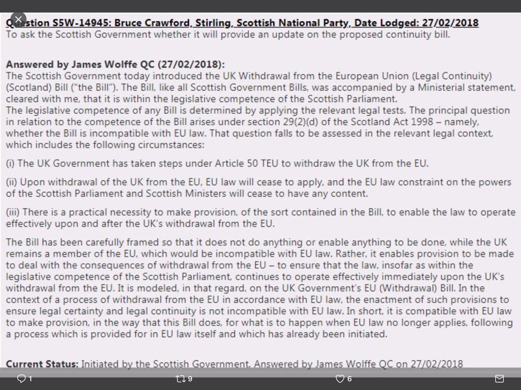 joannaccherry's tweet photo. Here's the Lord Advocate's view on the competence of the @scotgov #LegalContinuity Bill. James Wolffe QC is one of the finest legal minds of his generation. His opinion should not be lightly dismissed #Brexit #ScotlandsPlaceInEurope https://t.co/8ax7b34YqJ