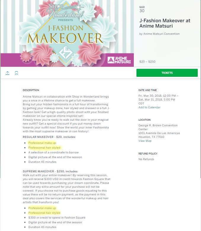BoycottMatsuri's tweet photo. Well that's interesting. #AnimeMatsuri is still selling $250 makeover tickets promising "professional makeup and hair styling", but it seems the #PaulMitchell professionals they had lined up aren't quite on the same page 🤔#BoycottAnimeMatsuri #AM2018 #Houston #PMTSHouston #PMTS https://t.co/Ycn1GYt9zj