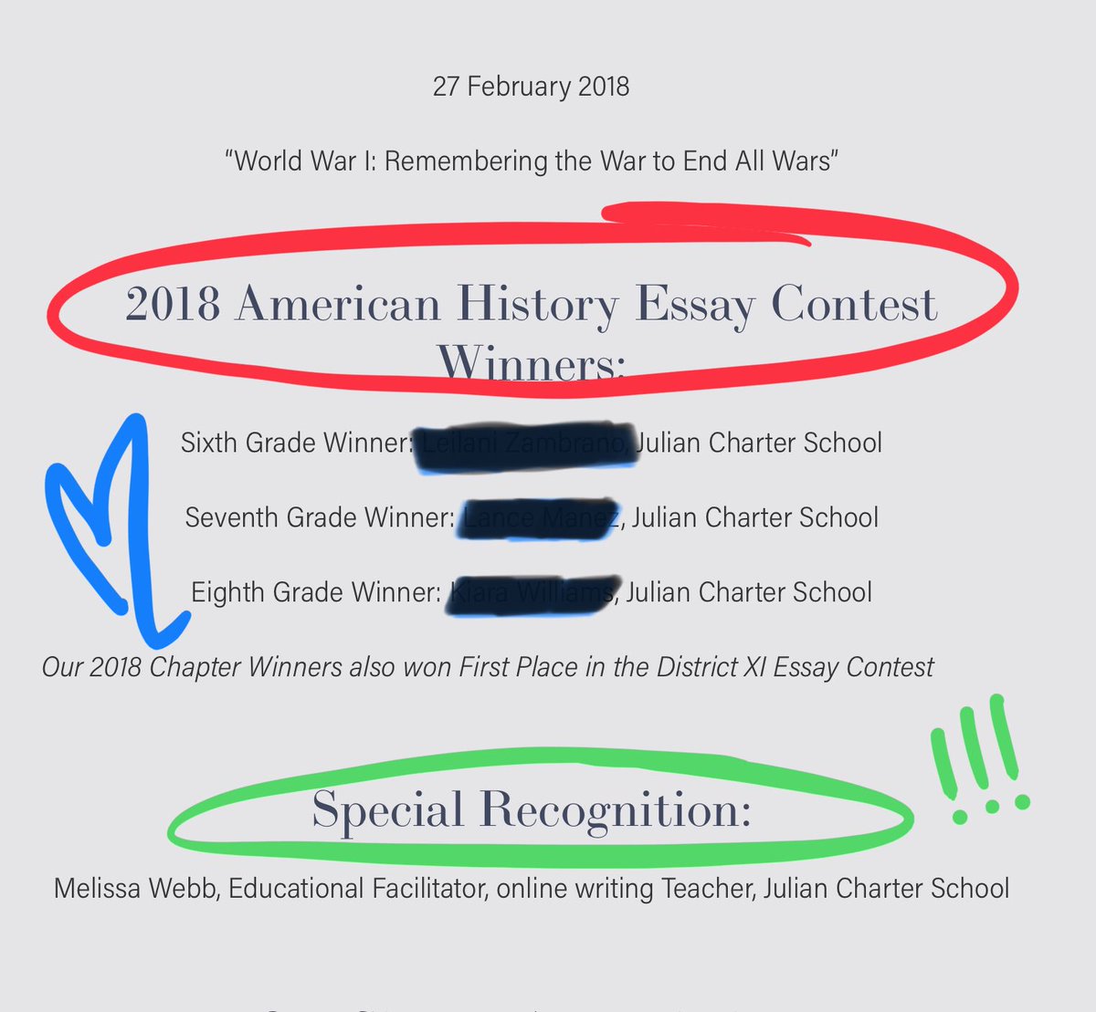 writeonwebb's tweet photo. Big day! My writing students are being awarded medals for their Winning Essays. #DAR #ChapterWinners #AmericanHistoryContest #WWI #JulianCharterSchool #soPROUD https://t.co/ppsLxzT3I0
