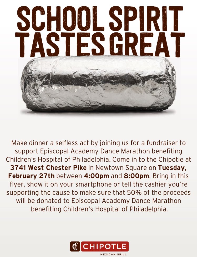 EA_danceathon's tweet photo. Use this flyer tonight from 4-8pm at the Chipotle in Newtown Square. Part of your purchase will benefit CHOP on behalf of Danceathon. Danceathon is this Friday! #forthekids https://t.co/fMCirdRevu