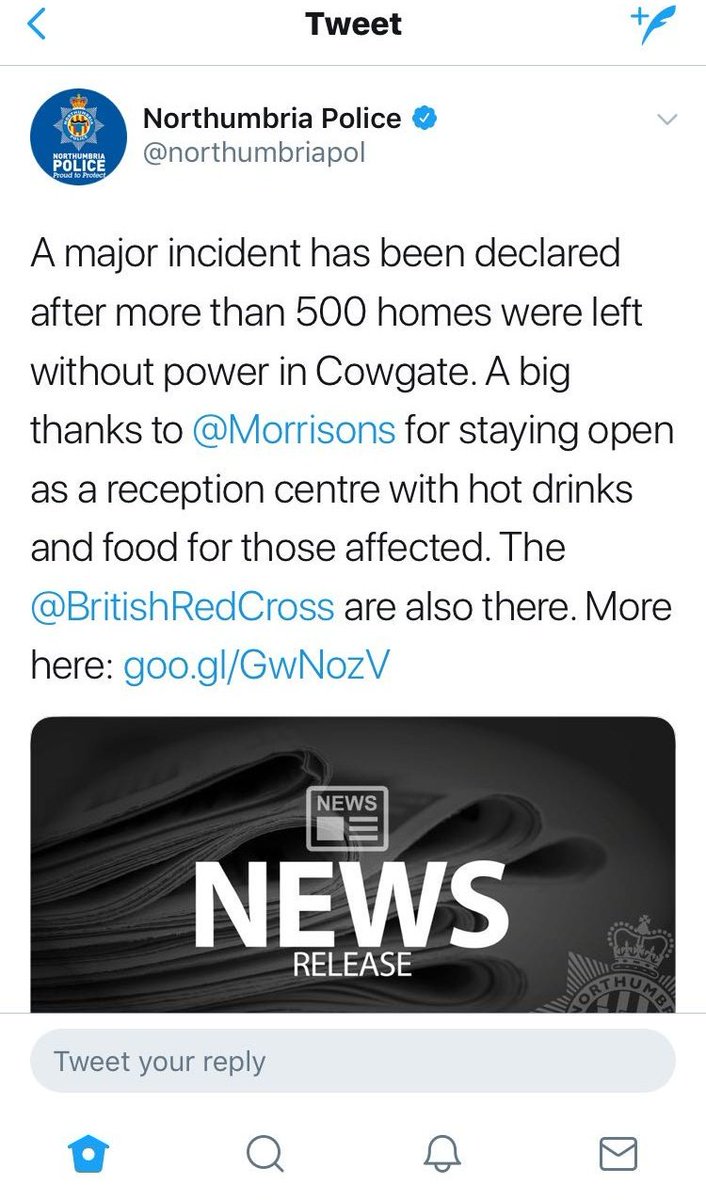 Major Incident declared in #Cowgate due to 500 homes being left without power - <a href="/Morrisons/">Morrisons</a> acting as a reception centre for residents m.facebook.com/northumbriapol…