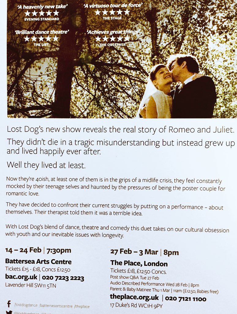 Wonderful, moving ,funny #julietromeo by #BenDuke @lostdogdance. Great synergy of spoken word, #dance & even some #Shakespeare! Ends Sat @ThePlaceLondon. R&J won’t ever be the same again!