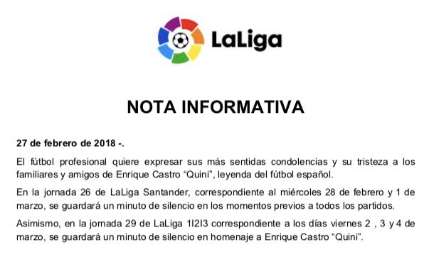 LaLigaLowdown's tweet photo. #LaLiga statement on Quini, expressing deepest condolences.

There will be a minute’s silence before the next midweek fixtures in #LaLiga and also before the weekend’s games in #LaLiga123.

#RIPQuini https://t.co/2TB799U0c3