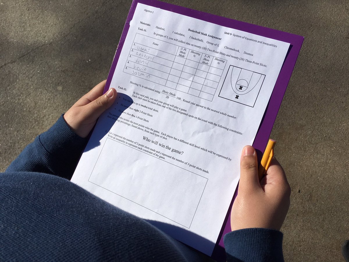 Mr. Gomez 9th grade algebra class collecting data for a system of linear inequalities in two variables (2 pt shots and 3 pt shots) basketball activity. #PCpride