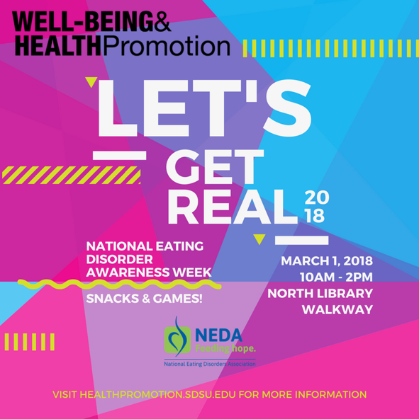 SDSUwellbeing's tweet photo. Check out the tabling event for National Eating Disorder Awareness on March 1st from 10am-2pm on the North Library Walkway. Lean more about disordered eating and how you can help others. #AztecNutrition #SDSU_Health #SDSU https://t.co/wSK13nXvtu