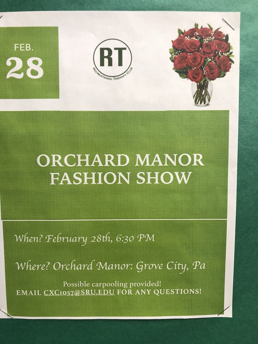 RTClub_SRU's tweet photo. With #RTMonth coming to an end, we have our last event coming up TOMORROW at Orchard Manor! The event is in Grove City, so send an email to cxc1057@sru.edu if you would like to set up a carpool, hope to see you there 😊 https://t.co/CZn0yBOS91