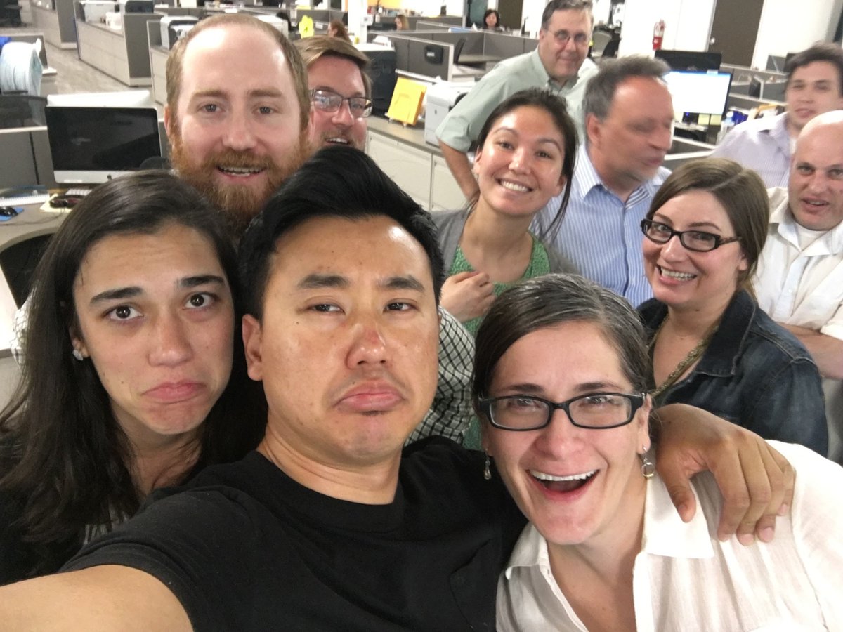 SamanthaMVB's tweet photo. This was most of the team in 2016 when @rkimitch left us. We look teary because we had all been bawling. 
@sgvcrime on the very right and @CTompkinsTweets are leaving us this week https://t.co/4LQhHF11nn