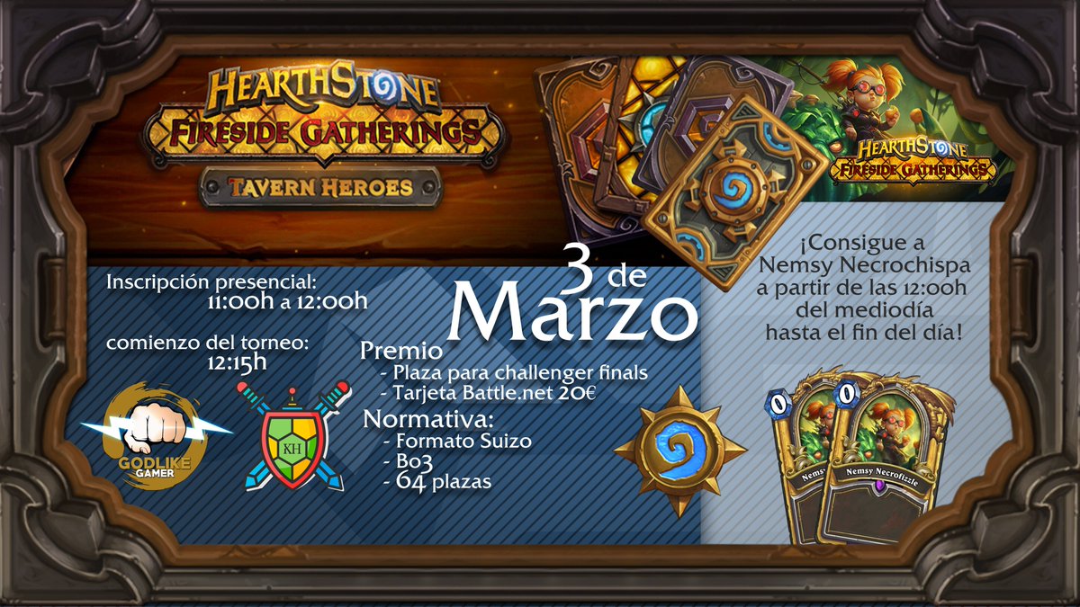 KameHouse_Bar's tweet photo. ¡RECORDAMOS QUE ESTE SÁBADO TOCA TAVERN HERO! #Hearthstone 
Aprovechamos para corregir un error del cartel, el formato Suizo (establecido por Blizzard como formato oficial para los Tavern Hero) carece de loser bracket, asi que se ha ajustado a las normas.
¡Os esperamos el sábado! https://t.co/srwm0wHlGG