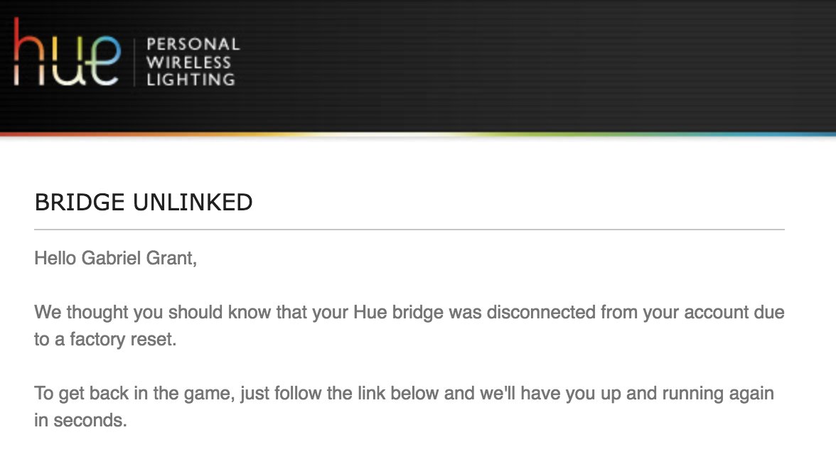 ggrant's tweet photo. @tweethue my hub keeps unlinking my account even though im not resetting it; I keep getting this email every few hours.

any idea what's going on? This is a new bridge, is it maybe just defective? https://t.co/NBrXf4wPnR