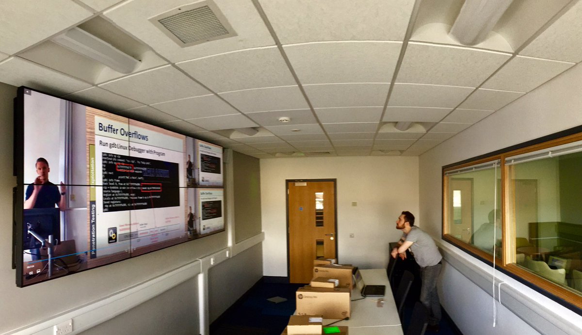 rjmacfarlane's tweet image. SOCLab coming together nicely before the grand opening this Friday @1OC_Mata riveted by the buffer overflow lecture 😂 #soclab