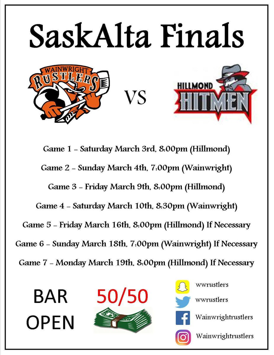 WWRustlers's tweet photo. SaskAlta Finals are set vs @HillmondHitmen !

First Home game is Game 2 in Wainwright Sunday Night!

🥃Bar Open 
💰Large 50/50
🏆Championship on the line  

#WWRustlers https://t.co/wcR8hjngUU