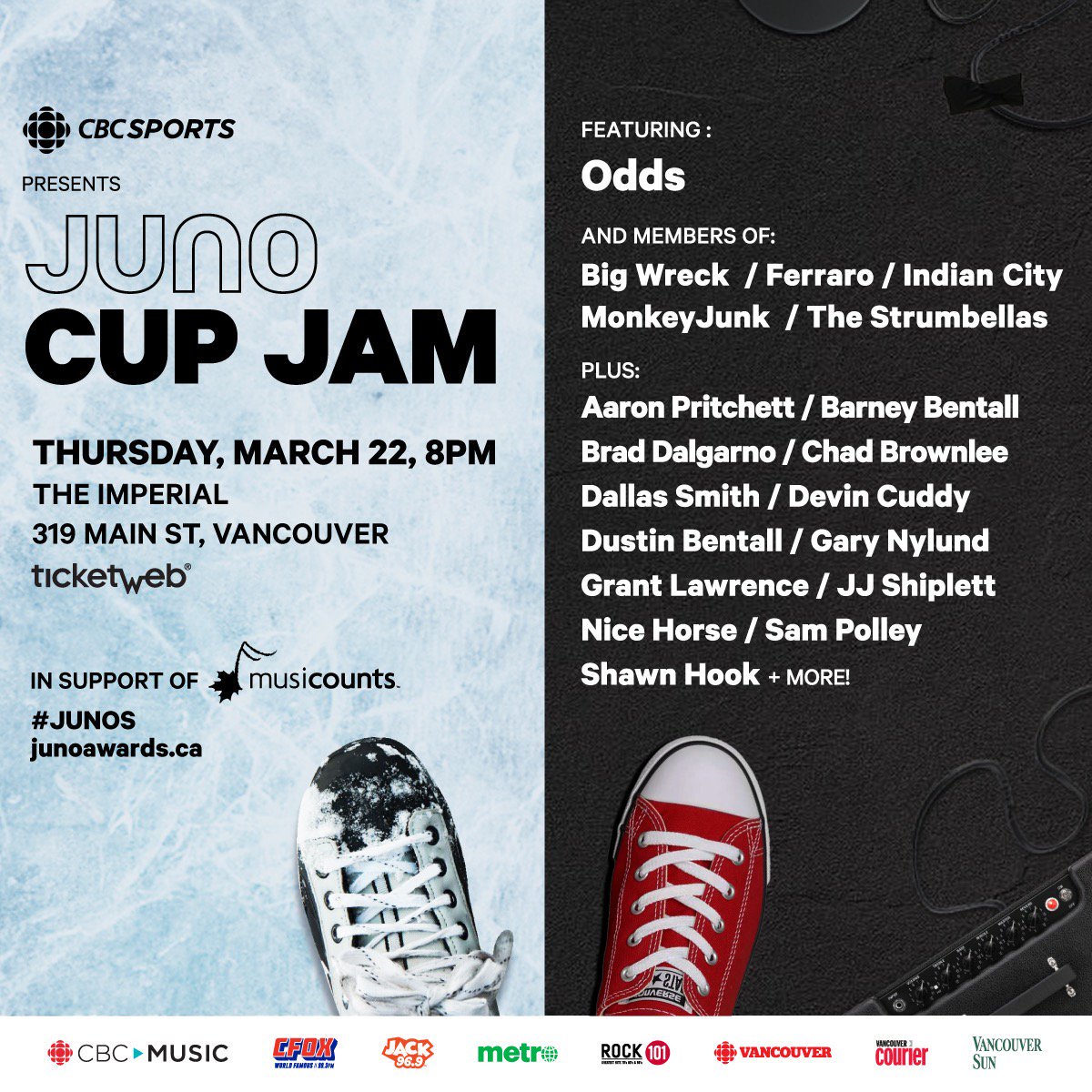 phreeagent's tweet photo. RT @TheJUNOAwards: It's the 3rd annual #JUNOCupJam presented by @CBCSports in #Vancouver on March 22nd!πΈ with @OddsMusic PLUS @dallassmith, @aaronpritchett, @JJShiplett, @ShawnHook, @nicehorsemusic, @devincuddy, π@BradDalgarno, #GaryNylund + MORE!
π«: https://t.co/E3njf53XvM https://t.co/6FfIPPWac9
