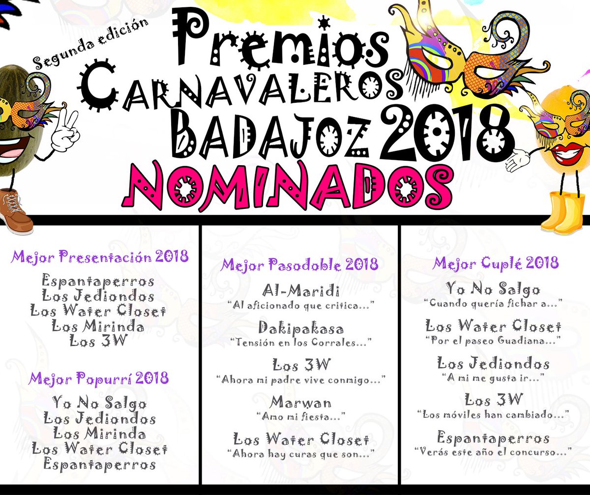 Nominados a los Premios Carnavaleros Badajoz a:
- Mejor Presentación 2018.
- Mejor Popurrí 2018.
- Mejor Pasodoble 2018.
- Mejor Cuplé 2018.
1 de 5