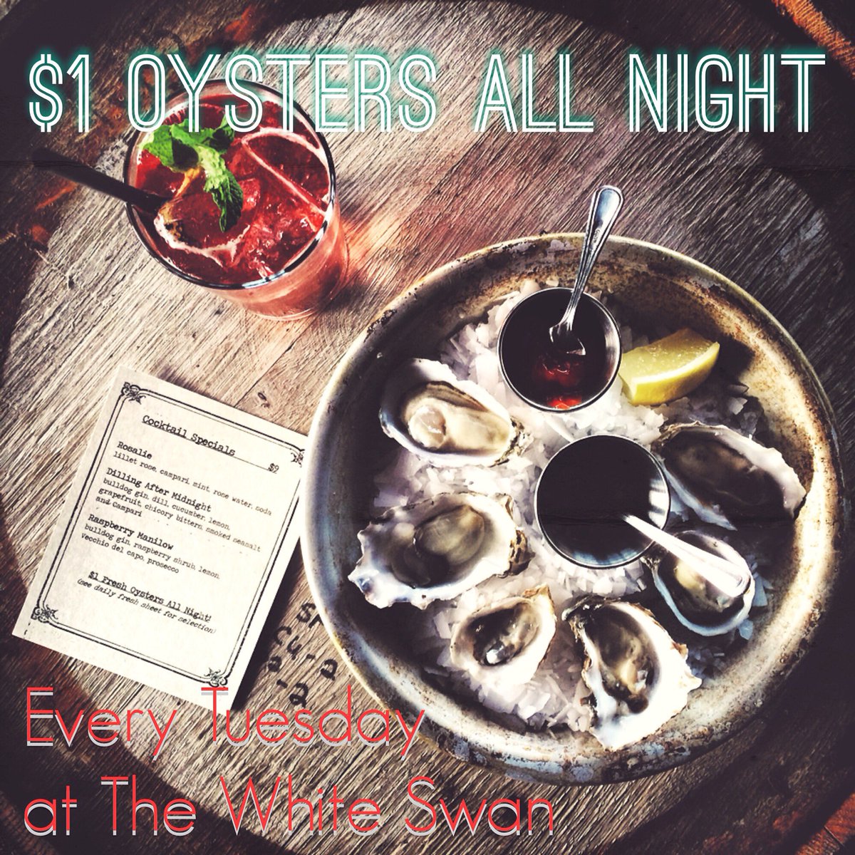 WhiteSwan206's tweet photo. Making your dreams come true. Weโll be featuring our $1 happy hour oysters ALL NIGHT every Tuesday until the end of March! Time to feast. #seattlerestaurants #oysternight #happyhour #southlakeunion #seattleoysters https://t.co/9tfO0duYlj