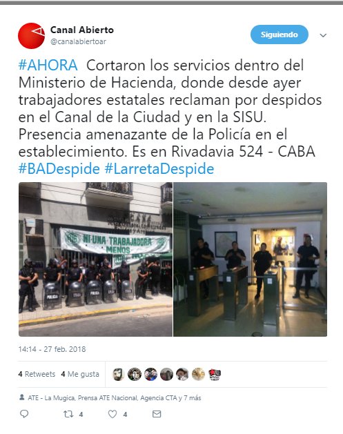 EdgardoRovira's tweet photo. Cortan la luz y el agua en el Ministerio de Hacienda porteño con trabajadores dentro que manifiestan. ¿@horaciorlarreta quiere cansarlos, que sufran para reprimirlos cuando caiga la noche?
Gracias @canalabiertoar por cubrir lo que pasa (uno de los pocos medios). 
#LarretaDespide https://t.co/cOWlP1rFtB