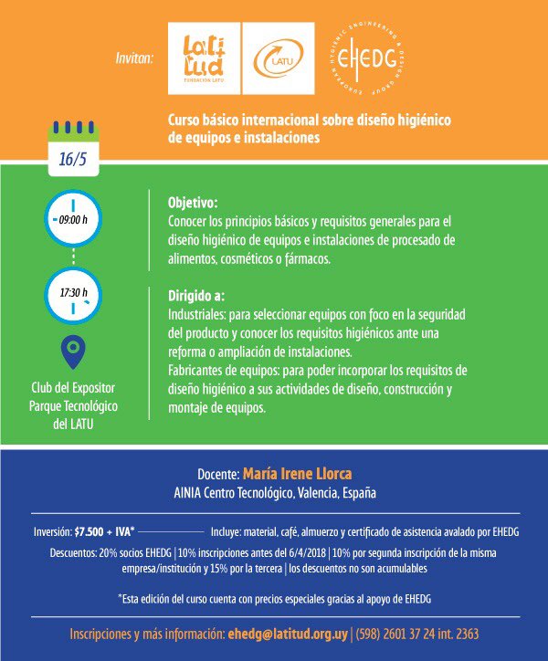 RosaMarquezRome's tweet photo. Primer curso de diseño higiénico de equipos e instalaciones para la industria alimentaria, farmacéutica y cosmética en Uruguay https://t.co/LYkVg7lCO4 https://t.co/txR8dbokD9