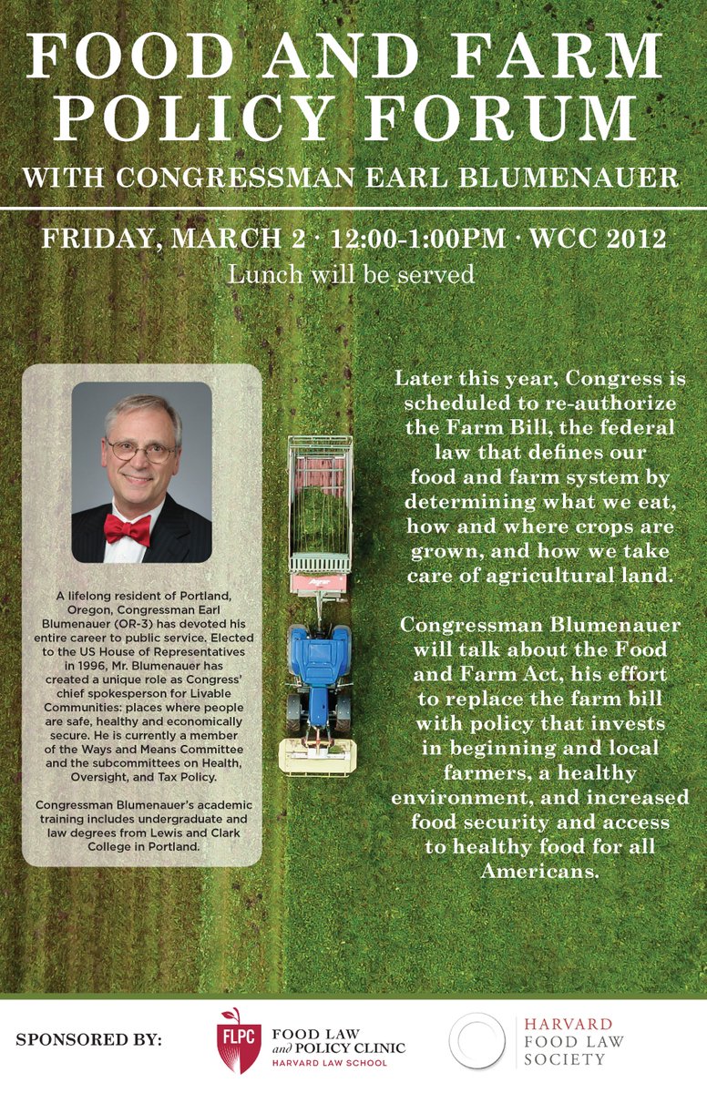 MITOpenAg's tweet image. Calling all local #nerdfarmers: Curious how food policy impacts the future of farming? Harvard Food Law Society is hosting a talk on food and farm policy by Rep. Earl Blumenauer this Friday from 12-1pm. @OpenAgFD's Max Diamond will see you there! chlpi.org/event/food-far…