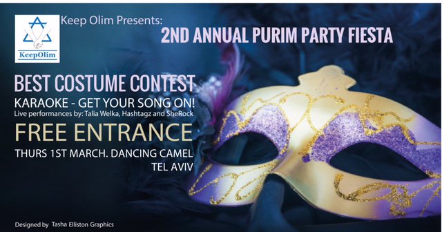 KeepOlim's tweet photo. KeepOlim Free Purim Party Fiesta Thursday March 1 @ Dancing Camel  Tel Aviv 12 Hataasia Doors open 830pm Get your Costume on!  #TelAviv  #Purim #purim2018  #Israel #Aliyah https://t.co/0NQ5ajHxyL