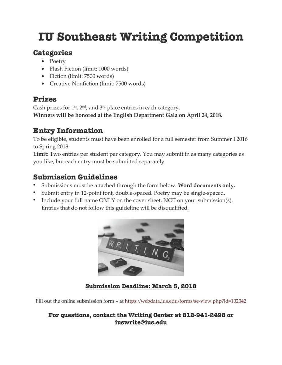 R U a Writer? If so, submit for the IUS Writing Competition by Mar. 5.  Cash Prizes! Fame! Glory! Power! (the power is imaginary, but well worth an exclamation point.) webdata.ius.edu/forms/se-view.…