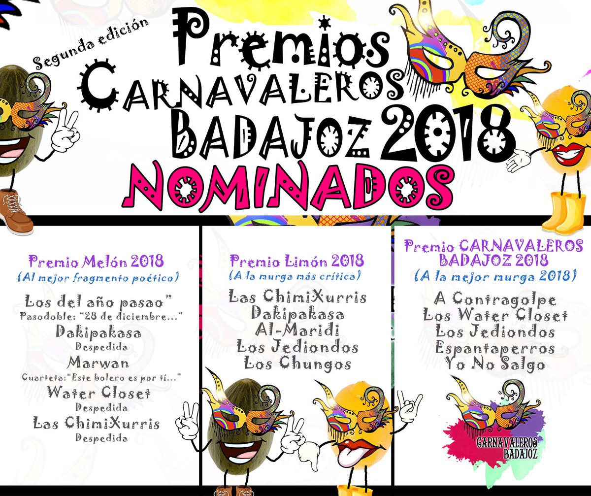 Nominados a:
- Premio Melón 2018 al mejor fragmento poético.
- Premio Limón 2018 a la murga más ácida.
- Premio Carnavaleros Badajoz a la mejor murga.
5 de 5.