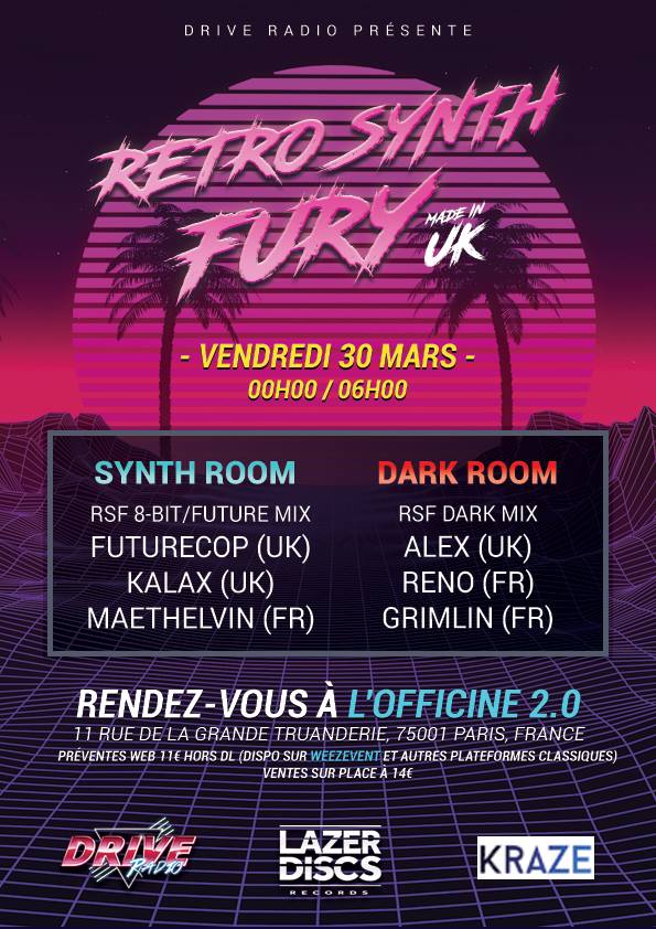 Yeah, catch @futurecopofficial in Paris, March 30! Retro Synth Fury by <a href="/DriveMusicRadio/">DRIVE Radio</a> IS BACK with @iamkalax, ALEX and more. Booking contact: hello@futurecop.info // #retro #synth #pop #synthwave #electronicmusic