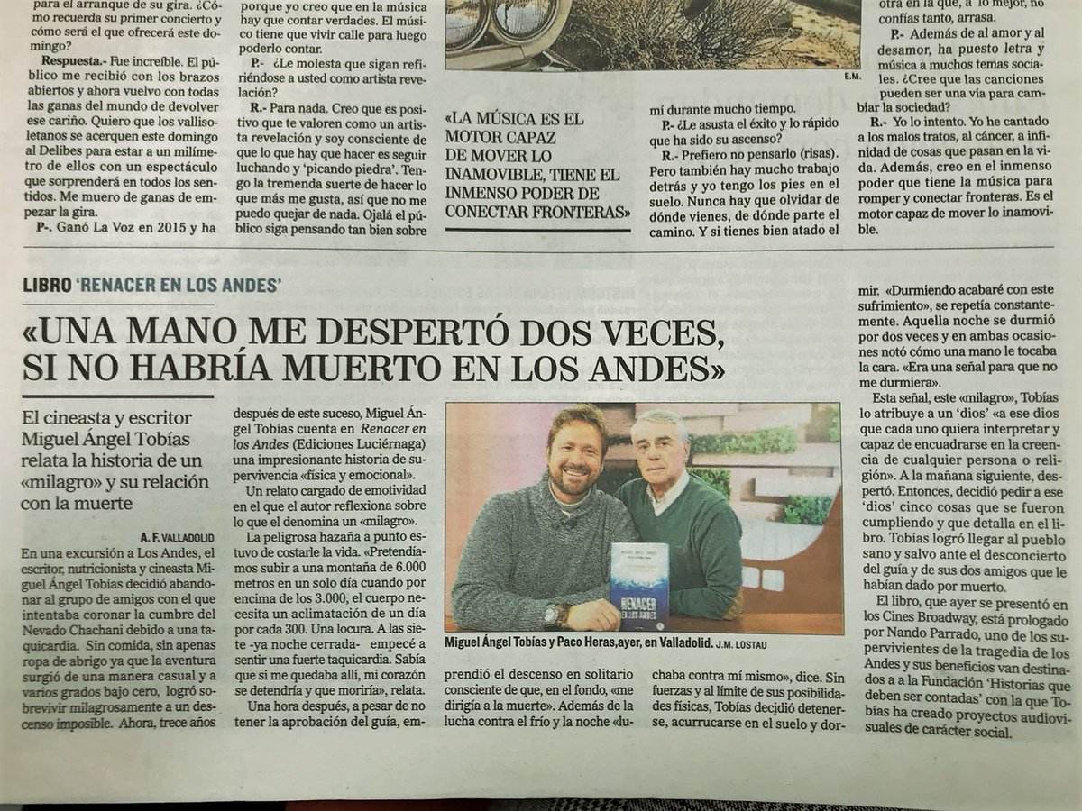 <a href="/elmundoes/">EL MUNDO</a> se hace eco hoy de la presentación del "Renacer en los Andes" de <a href="/ma_tobias/">Miguel Ángel Tobías</a> en  #Valladolid en los <a href="/cinesbroadway/">Cines Broadway</a> .  Los beneficios del libro, prologado por Nando Parrado, van destinados a la <a href="/fundhistorias/">Fundación Historias</a>  #proyectos #audiovisuales #sociales <a href="/Luciernaga_Ed/">Ediciones Luciérnaga</a>