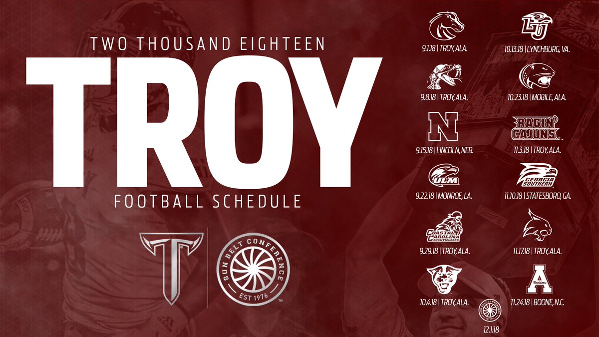 TroyTrojansFB's tweet photo. The champs are back 👑⚔

Check out the 2018 Troy Football schedule.

#RTW #WeFight #OneTroy https://t.co/H4WLnlBzbM