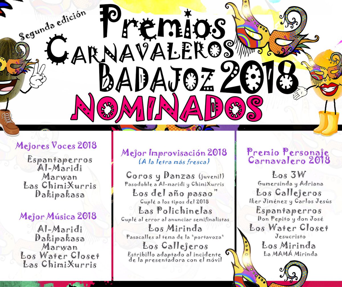 Nominados a los Premios Carnavaleros Badajoz a:
- Mejores Voces 2018.
- Mejor Música 2018.
- Mejor "Improvisación" 2018.
- Personaje del Carnaval 2018.
4 de 5.