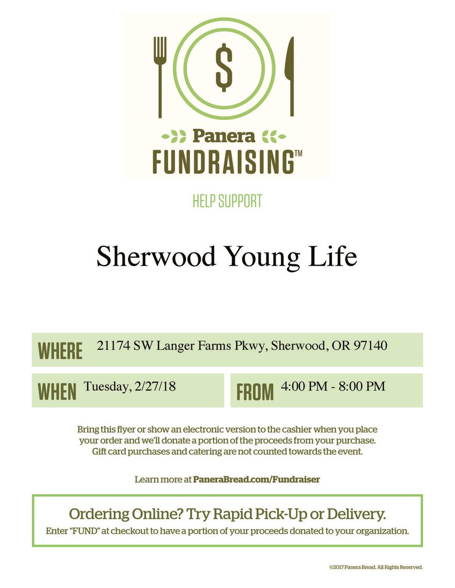 hperlmutteryl's tweet photo. Help send kids to Young Life &amp; WyldLife summer camp! Eat at the Sherwood Panera tonight (2/27/18), 4-8pm. 20% of your purchase goes to our camp scholarship fund! https://t.co/WnihCTMuLL