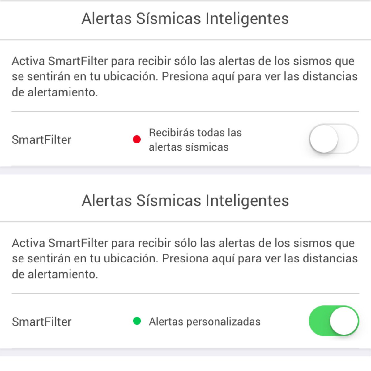 SkyAlertMx's tweet image. Activa #SmartFilter si solo quieres recibir notificaciones/alertas de sismos que sentirás en tu ubicación de acuerdo a tu GPS.