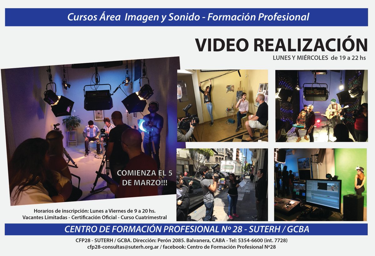 cjlitvin's tweet photo. Curso: Video Realización: (inicia el 5 de Marzo) Centro de Formación Profesional Nª 28 Anexo Audiovisual – Certificación Oficial GCBA. Aprenderás operar Cámaras de Video, realizar puestas de Iluminación y tomas de Sonido, en Estudio y Exteriores. Inscribite hasta el 2 de Marzo. https://t.co/zmSflOPRN9