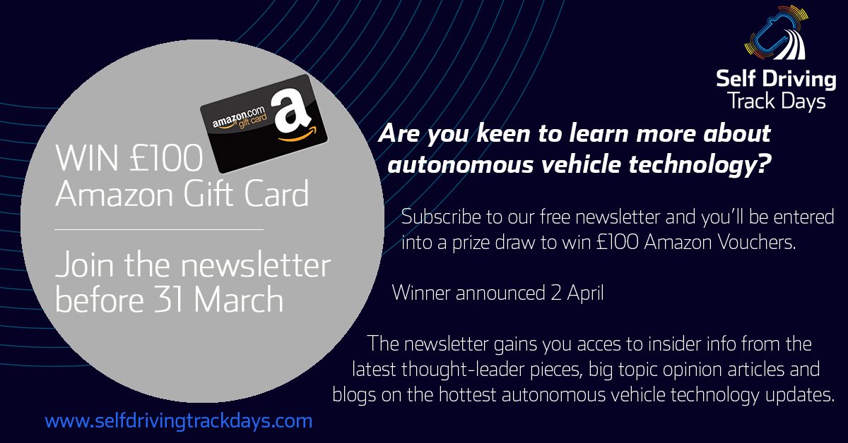 Subscribe to Self Driving Track Days newsletter by 31 March &amp; go into prize draw for £100 Amazon Gift Card. Subscribe: eepurl.com/dkW75X (You can opt out at any time if it's not for you) #subscribe #selfdrivingcars #autonomous #vehicles #driverless <a href="/SD_Trackdays/">SelfDrivingTrackDays</a> #amazongift