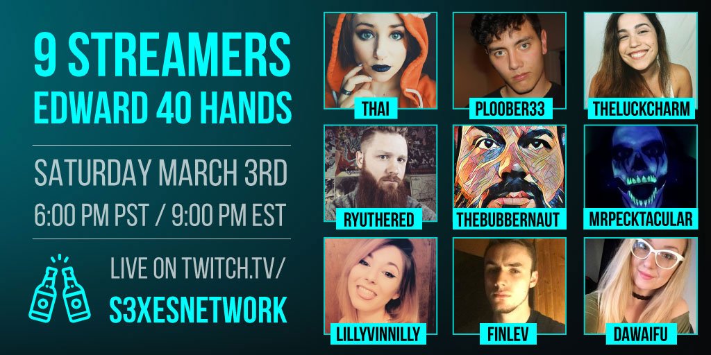 antiDyllic's tweet image. SATURDAY MARCH 3RD! Edward 40 Hands returns for Round 3! 🍻🙌 🎥Streaming LIVE on the @SexEsNetwork at twitch.tv/s3xesnetwork 🎬 Save the date! Please #Retweet 🔁 to spread the word! cc: @CasterCafe #Lunchrm #twitch