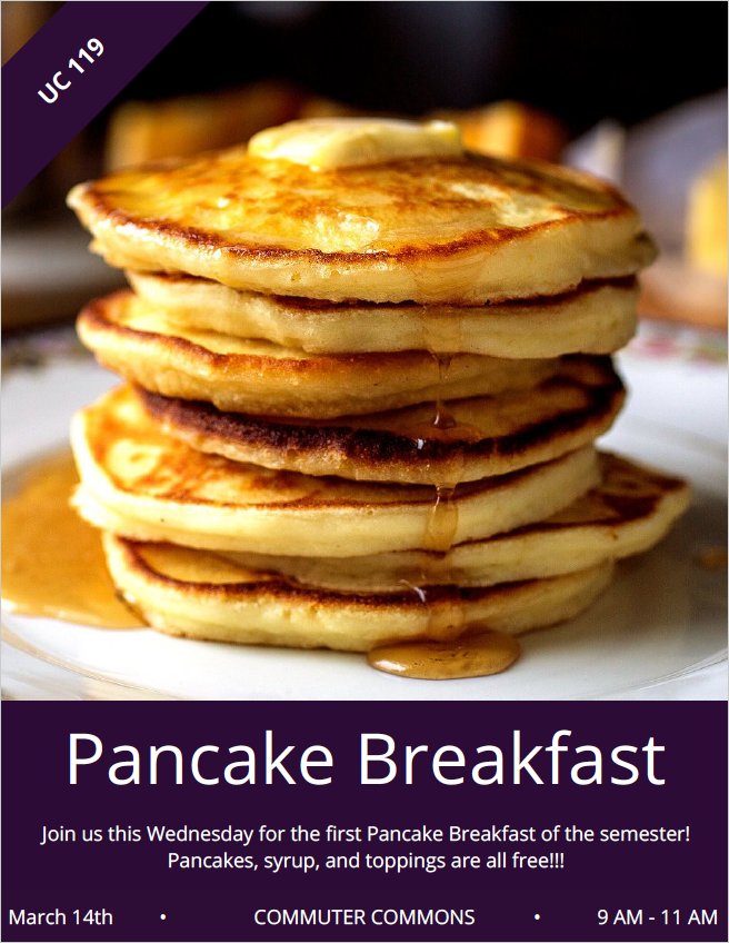 We're having our monthly pancake breakfast for commuter students on March 14th from 9am - 11am! Come through!