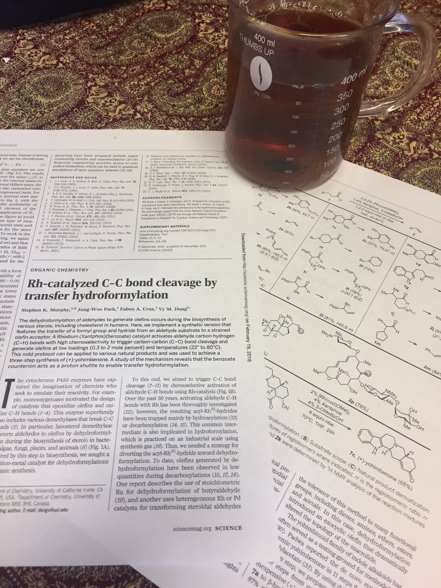 MooresResearch's tweet photo. Reading @Vy_Dong_Group 2015 @sciencemagazine paper while drinking lapsang Souchong. What could be better! #chemgeek #paperreading #catalysiscourse #chem512 @McGillChemistry https://t.co/7NzTD2rfR2