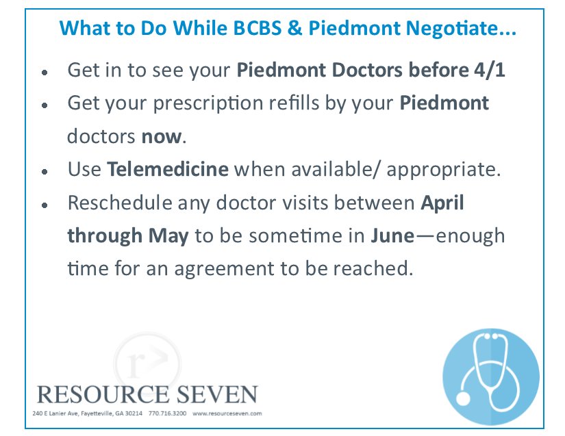 GlendaeMitchell's tweet photo. #Piedmont #Healthcare, Inc. may move outside the #BCBS network on 4/1. Its likely contract #negotiations will cause the contract to expire, which often times turns into a battle between #insurer and #hospital. When an agreement is reached, it is typically honored retroactively. https://t.co/QtIK8sN9B8
