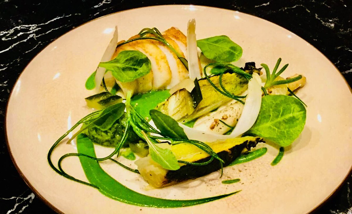 Cod, baby gem, white asparagus ,see beats ,pickled cucumber, salty fingers, monks beard, chervil, crème fraîche