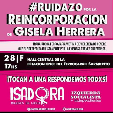 yonymendez_'s tweet photo. #RuidazoPorGisela 
TODOS AL HALL DE ONCE
MIERCOLES 17 HS .
POR LA REINCORPORACION DE 
GISELA HERRERA !!! https://t.co/9IfwZE9HVB