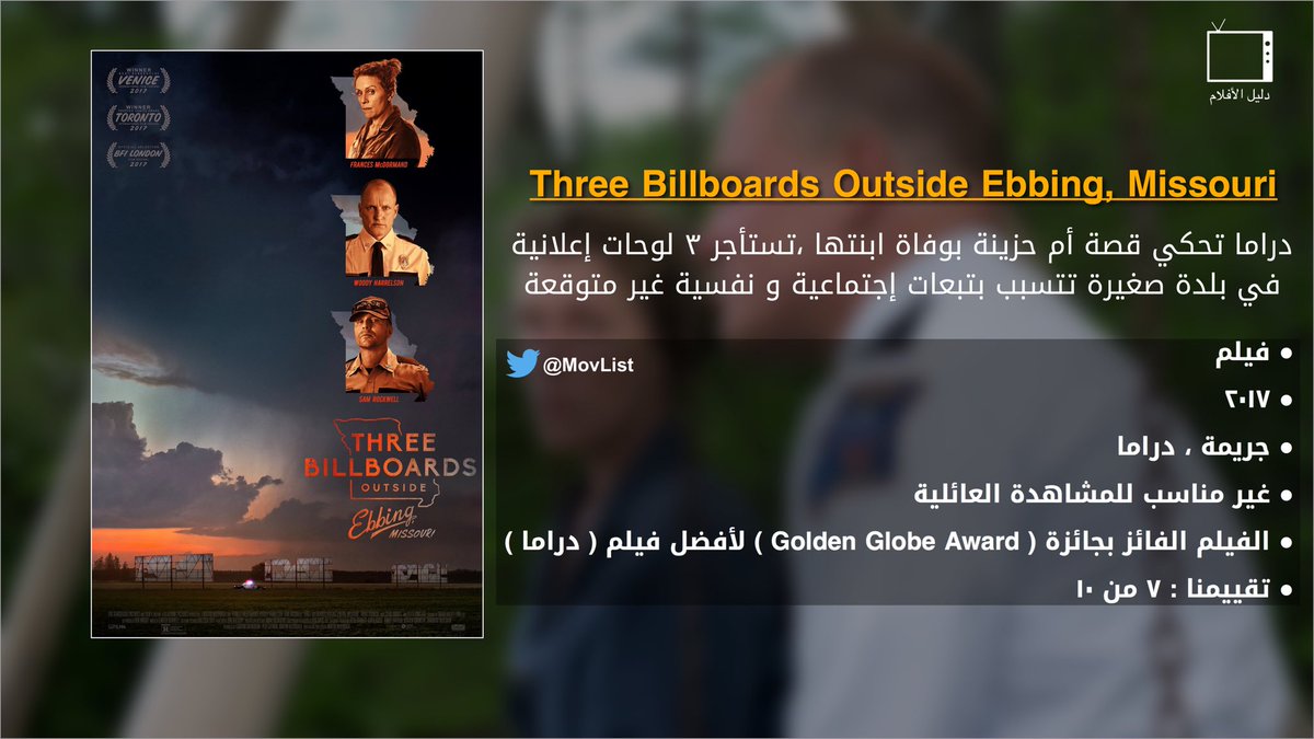 Three Billboards Outside Ebbing, Missouri
دراما بسيطة عن حادثة مأساوية و من منظور أطراف متعددة. 

ما رأيك بالفيلم ؟ و ماهي فرصة حصوله على جائزة أوسكار لأفضل فيلم ؟