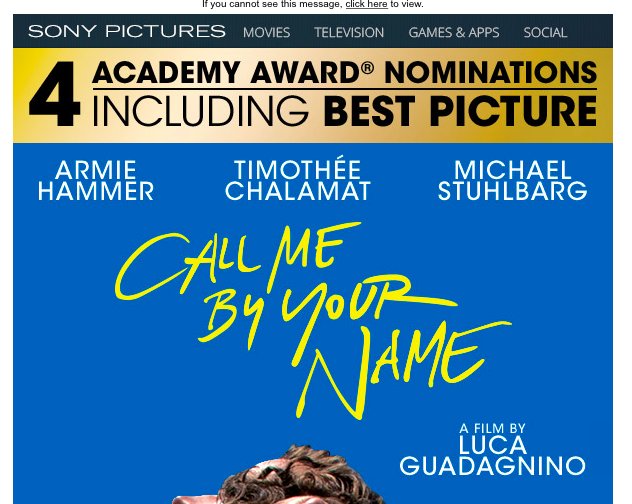 TBuchsbaum's tweet photo. I just got an email from Sony Pictures about the digital release of the Oscar-nominated "Call Me By Your Name." Timothée Chalamet was nominated for Best Actor, and he certainly deserves it. He also deserves for the studio to spell his name right on the box.
@RealChalamet  #Sony https://t.co/5WtETH26cc