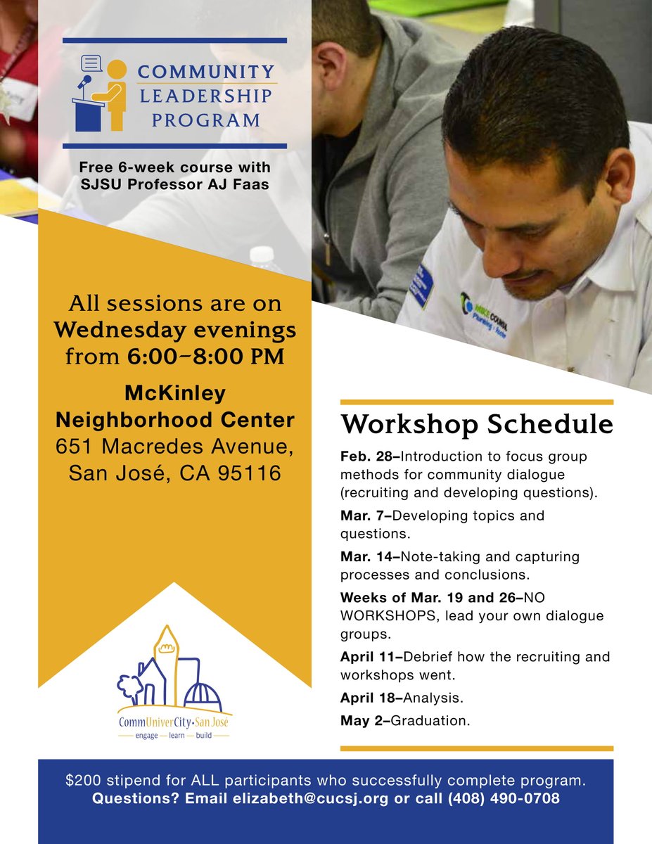 cucsjsu's tweet photo. Become a proactive community member and acquire new skills to communicate and facilitate discussions about the issues that matter most within your local community! Join our Spring 2018 CLP class starting tomorrow @ 6:00 PM! #EngageLearnBuild https://t.co/WmMhamopXS