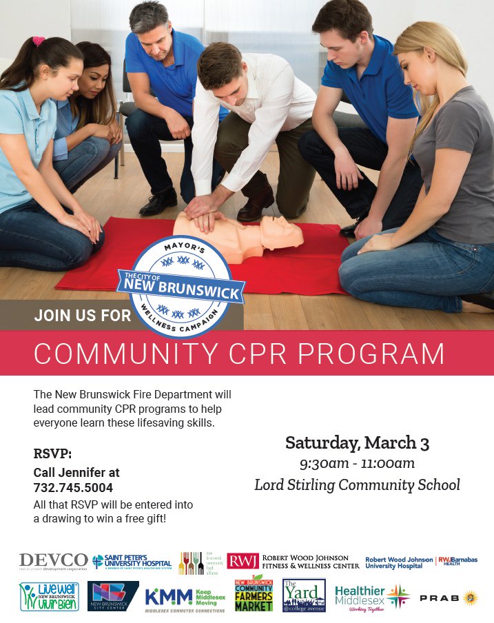 CityofNewBruns's tweet photo. FREE community CPR program on March 3 - with the NBFD! @RWJFitandWell @nbpschools @LiveWellNB #NBMWC - https://t.co/ZiQXRA1p0I https://t.co/4bDMtjSVyt