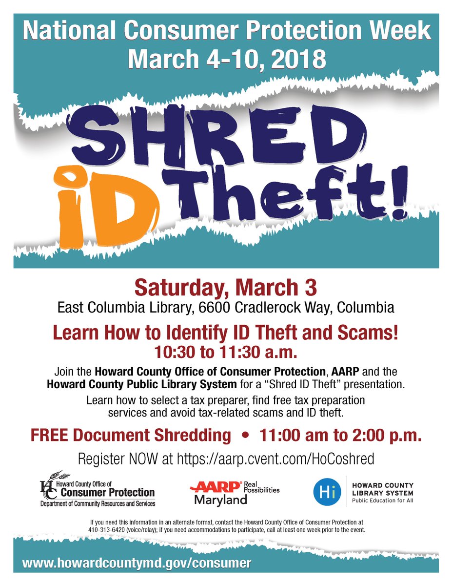 To kickoff #NationalConsumerProtectionWeek, <a href="/HoCoGov/">Howard County Gov't</a> Office of Consumer Protection, in partnership w/ <a href="/AARP/">AARP</a> &amp; <a href="/HoCo_Library/">HowardCountyLibrary</a>, to co-host “Shred ID Theft” evt this Sat, 3/3 at East #ColumbiaMD Branch. Evt will include FREE paper shredding for #HoCoMD res. bit.ly/2FAGp3Q