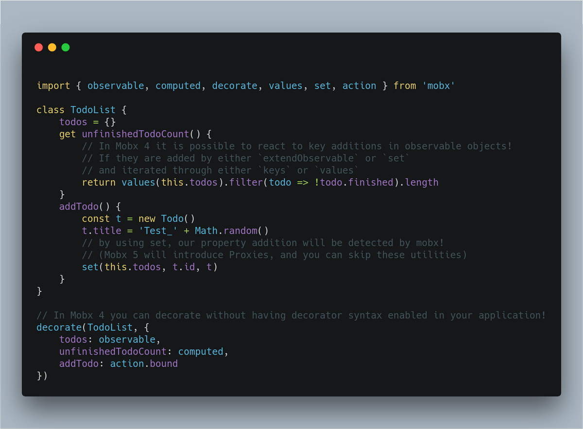 mweststrate's tweet photo. Here is a sneak preview of #mobx4, highlighting two of it's many cool features:
1. easy opt-out of decorators
2. support using observable objects as collections (like Maps)
https://t.co/VdVwkK159S https://t.co/94goeytPLM