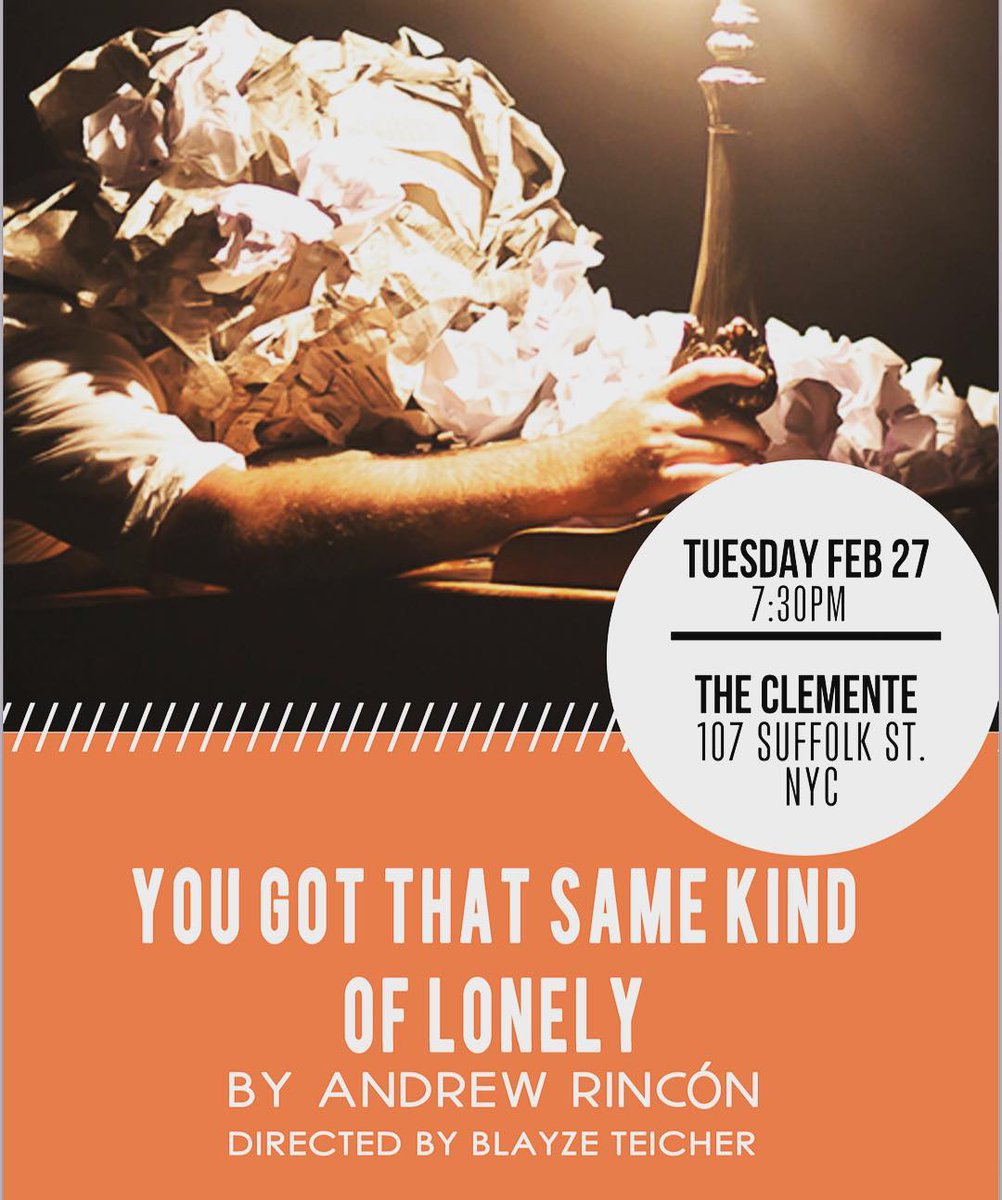 amiosnyc's tweet photo. First Draughts Vol. III continues tonight @ 7:30 PM at The Clemente!

Join us for the premiere reading of Andrew Rincón's, "You Got That Same Kind of Lonely", that he's expanded from his original SHOTZ! piece in recent months.

Hope to see you there!

#newplays #indietheater #nyc https://t.co/4HXULNBwL8